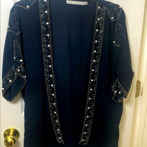 Short Sleeve; Open Front Beaded Trim Blouse